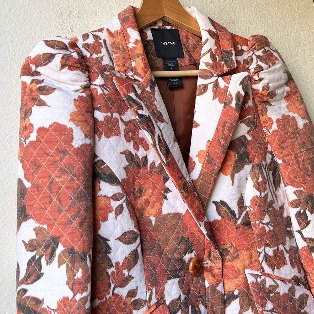 SMYTHE taped pouf sleeve one button blazer in Orange White rust floral Sz 4 - Picture 5 of 13